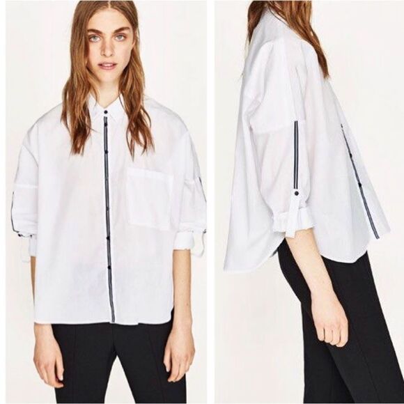 Zara Basic Editions White With Navy Contrast Piping Relaxed Button Down Shirt XS - Picture 2 of 6